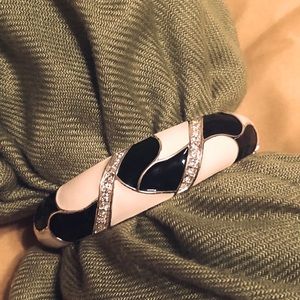 Vintage Black and white porcelain hinged bracelet w/ clear crystal stones.